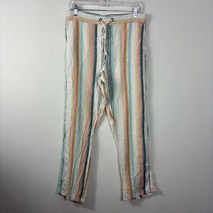 Per Se Linen Pants Women’s M Soft Stripe Elastic Drawstring Waist Coastal Casual